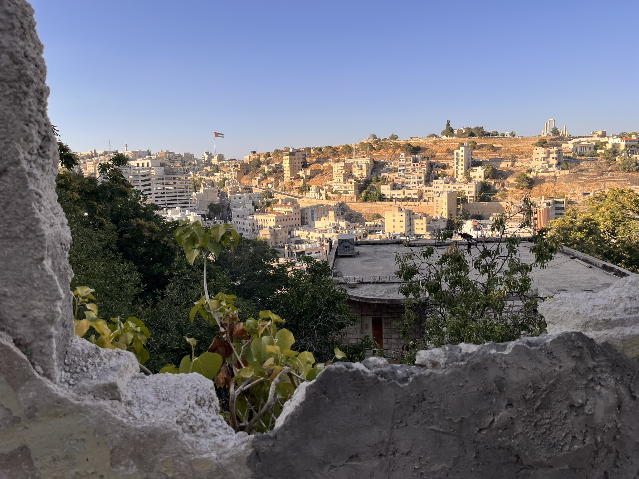 View over Amman from the ruins of the Citadel, Jordan flag visible
