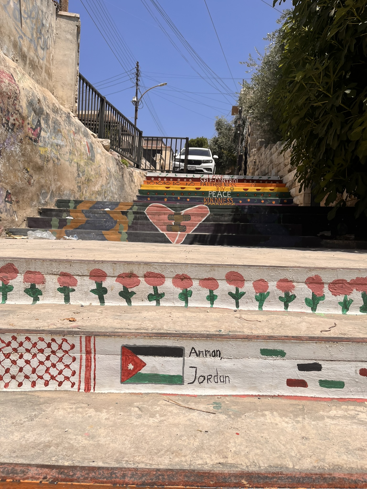 Painted stairs on Rainbow Street Amman with Jordanian flag and flowers